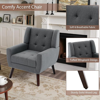 Accent Chairs Set of 2, Mid-Century Modern Upholstered Armchair, Comfy Fabric Living Room Chairs Reading Chairs with Button Tufted Back & Solid Wood Legs for Bedroom, Office, Gary