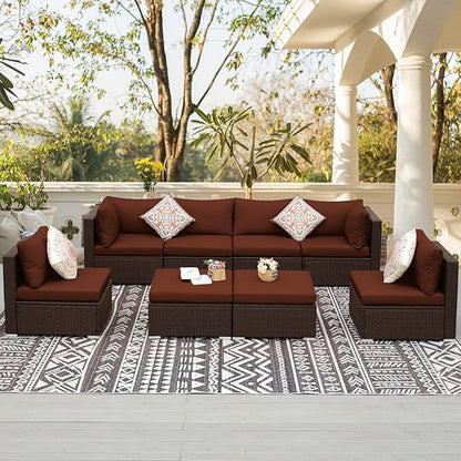 NICESOUL 29.3'' High Back Wicker Patio Furniture Set for 8 Person, Extra Big Outdoor Modular Sectional with Ottoman, Deep Seated Relax Conversation Sets for Backyard Deck, Brown and Red