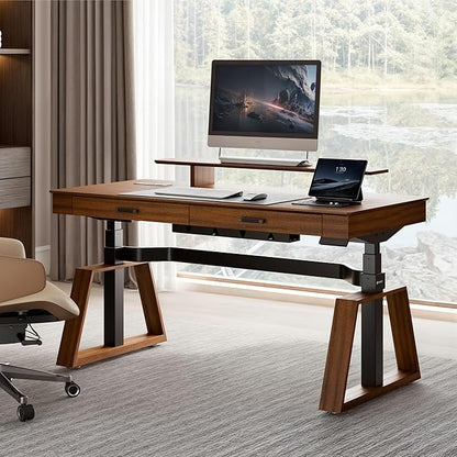 EUREKA ERGONOMIC Standing Desk, 63 inch Executive Desk with Drawers,Modern Trapezoidal Leg Luxury Home Office Computer Desk w Monitor Stand,Red Oak