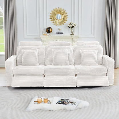 ORRD Power Reclining Sectional Sofa, Electric 3 Seat Recliner with 3 Electric Footrest and Adjustable Headrest, Modern Plush Corduroy Fluffy Reclining Sectional with Deep Seat for Living Room-White