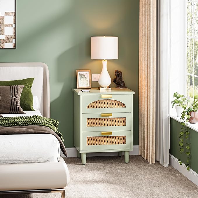 Tribesigns Mint Green Nightstand, 3-Drawer Rattan Night Stand Side Table, Accent Bedside Tables End Table for Bedroom and Small Spaces, Easy Assembly (1, Green)