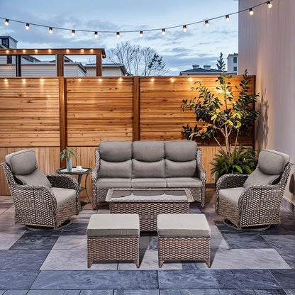 7-Piece Outdoor Wicker Patio Furniture Set with Swivel Glider Chairs, 3-Seat Sofa, Coffee Table & Ottomans 5” Olefin Cushions Ergonomic Neck-Lumbar Backrest All-Weather Rattan for Garden, Deck, Porch