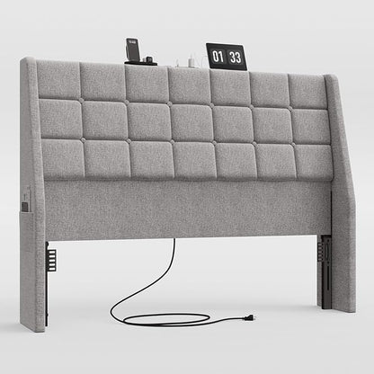 Ergonomic Upholstered Headboard Queen Size w/Charging Station, Linen Wingback Headboards w/Storage Pocket, Queen Headboard Only, Bed Frame Adapters, Sturdy Stable Solid Wood Bed Head Board, Light Grey
