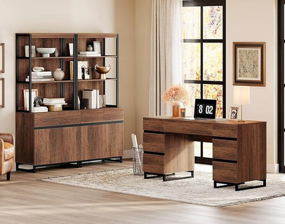 WAMPAT 59" Modern Executive Desk with Drawers, Wood Computer Writing Desk with Charging Station, Home Office Desk with File Drawer, Study Table for Bedroom, Living Room, Home Office, Rustic Brown