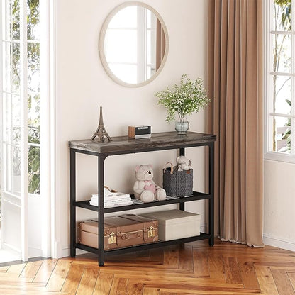 32" Small Console Table with Storage, 3-Tier Narrow Entryway Table, Sturdy Sofa Table with Mesh Shelves, Console Tables for Living Room, Bedroom, Hallway, Entryway, Foyer, Oak Grey