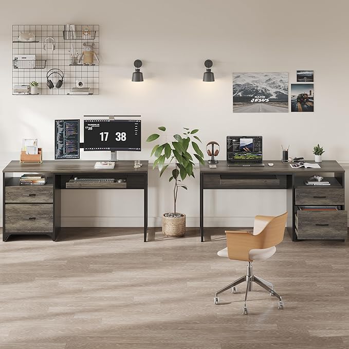 Bestier Office Desk with Drawers, 55 inch Industrial Computer Desk with Storage, Wood Teacher Desk with Keyboard Tray & File Drawer for Home Office, Dark Gray Oak