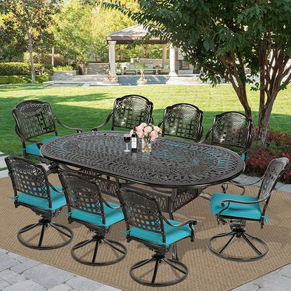 MEETWARM 9-Piece Outdoor Patio Dining Set, All-Weather Cast Aluminum Patio Conversation Set with 8 Cushioned Swivel Rocker Chairs for Backyard Garden Deck, 1 Oval Table, 2" Umbrella Hole, Ocean Blue