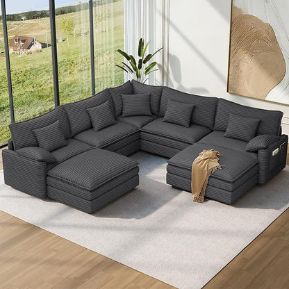 Vesgantti 101" V-Shaped Corner Couch Sectional, 7 Seat Customizable Modular Cloud Couches with Movable Ottoman, Corduroy Deep Seat Sofa Set with Chaise for Living Room, Bedroom and Apartment, Gray