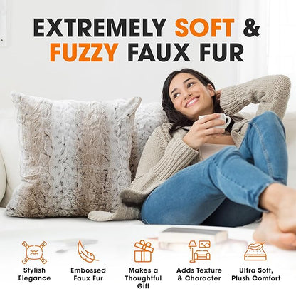 Cheer Collection Embossed Faux Fur Throw Pillows - Set of 2 Lumbar Couch Pillows, 20" x 20" - Snow Leopard