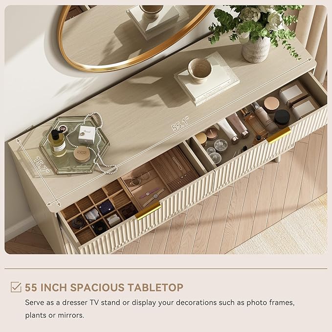 CARPETNAL Fluted 6 Drawer Dresser for Bedroom, 55" Wide Wooden Chest of Drawers with Rounded Corners, Gold Handles, Modern Storage Organizer for Bedroom, Hallway(Beige)