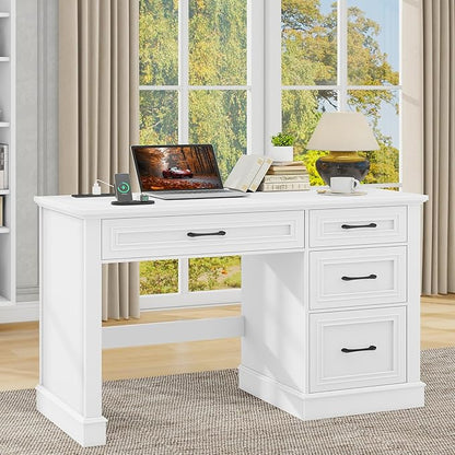 Vabches Farmhouse 47" Executive Desk, Computer Desk with Drawers and File Drawer, Workstation Computer Desk with Charging Station for Home Office,Study,Cream White.