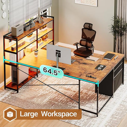 Sedeta L Shaped Desk with Storage Shelves, 64.5'' Reversible U Shaped Office Desk with 3 Fabric Drawers, Gaming Desk with Power Outlet & LED Strip, Rustic Brown