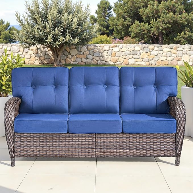 6-Piece Rotating Balcony Chair Set with 31-inch T-Shaped Wide backrest - Rattan Outdoor Rotating Balcony Chairs, Wide backrest Comfortable Outdoor Sliding Chair - Brown | Blue