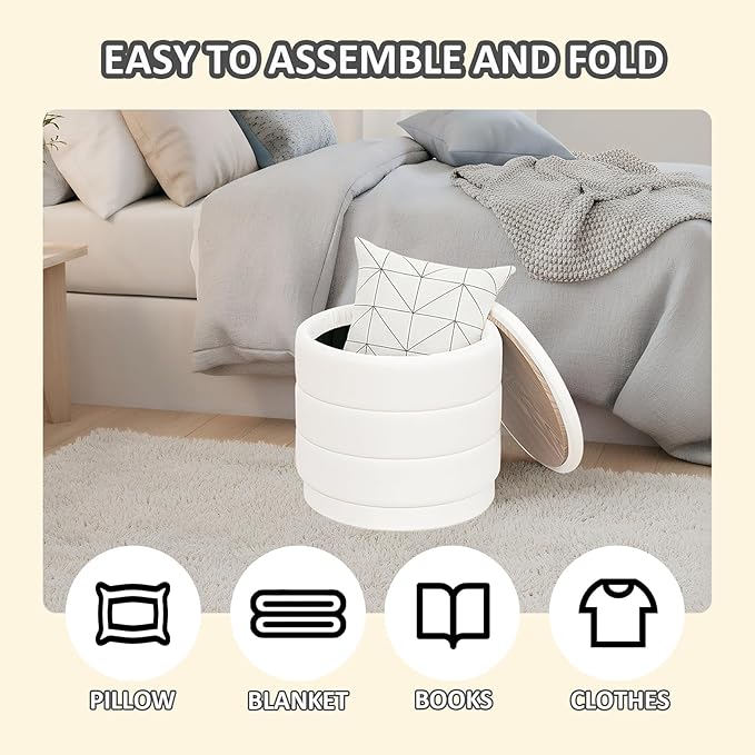 PINPLUS Round Velvet Ottoman Tray, White Upholstered Decorative Accent for Footstool or Coffee Table, Removable Serving Surface