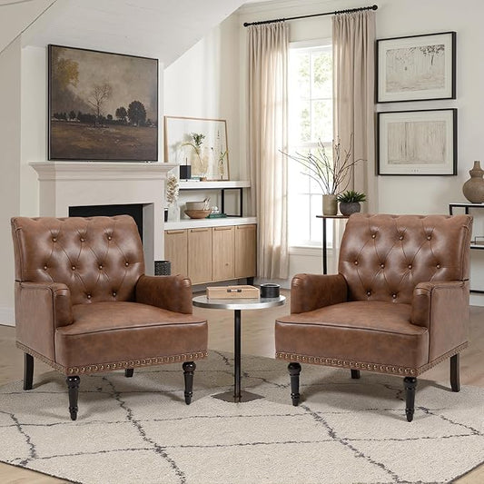 UIXE PU Leather Accent Chairs Set of 2, Modern Upholstered Armchair for Living Room, Comfy Arm Chair Single Sofa Reading Seat with Wooden Legs for Office Home Bedroom - Brown
