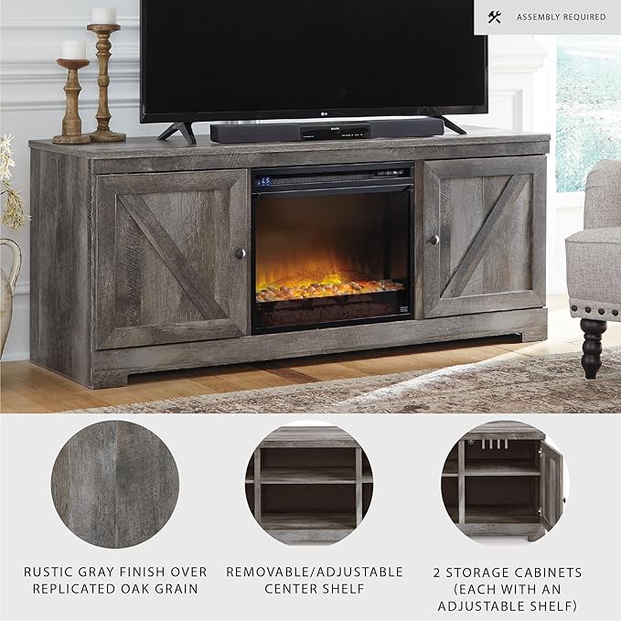 Signature Design by Ashley Wynnlow Farmhouse 63" TV Stand for TVs up to 72" with Electric Fireplace, Light Gray