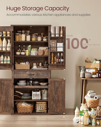 VASAGLE LIRY Collection - Pantry Cabinet, 70.3-Inch Tall Farmhouse Kitchen Storage Cabinet with Barn Doors, Drawer, Tray, Adjustable Shelves, for Kitchen, Dining Room, Hazelnut Brown UBBK364K01