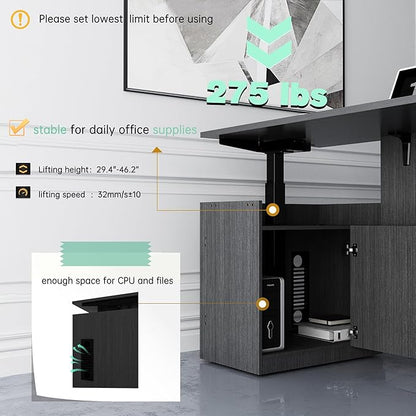 66.93'' Height Adjustable L-Shaped Executive Desk with Drawers and Shelves (Grey)