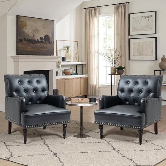 UIXE PU Leather Accent Chairs Set of 2, Modern Upholstered Armchair for Living Room, Comfy Arm Chair Single Sofa Reading Seat with Wooden Legs for Office Home Bedroom - Black