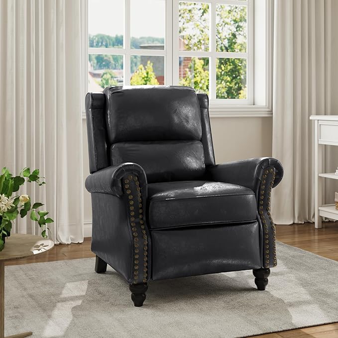 Faux Leather Recliner Chair, Modern Pushback Armchair with Adjustable Backrest & Footrest for Bedroom, Living Room (Black,Set of 1)
