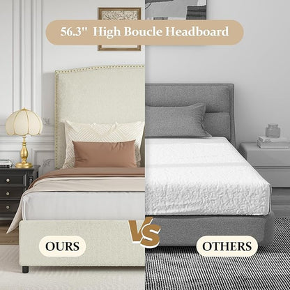 King Size Bed Frame with Upholstered Headboard, 56" Modern Platform Bed, Soft Boucle Fabric & Gold Nailhead Trim, No Box Spring Required, Cream