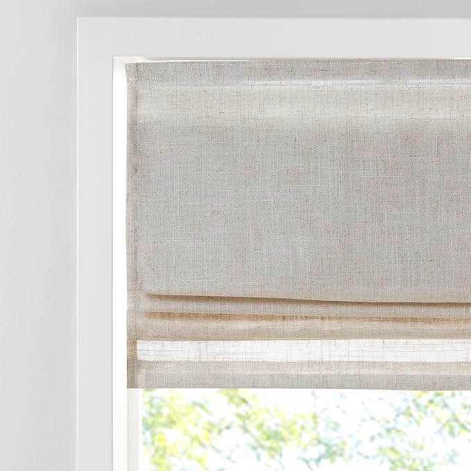 Madison Park Kyler Cordless Roman Shades - Single Panel, Lightweight Linen Blend Fabric, Natural Design, Easy Installation, Light Filtering Window Blind, Bedroom, Living Room Decor 31"W x 64"H Natural