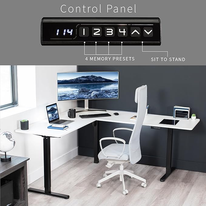 VIVO Corner Standing Desk, 75 x 63 inch Reversible L-Shaped Workstation, Electric Height Adjustment, Home, Office, and Reception Rooms, White Table Top Black Frame, DESK-E3CTBW-75