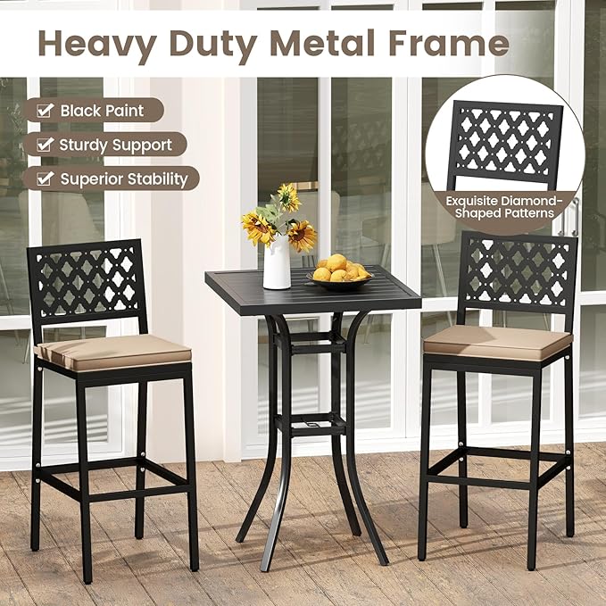COSTWAY Outdoor Bar Chairs Set of 4, Armless Heavy-Duty Metal Frame Counter Height Chairs with Removable Cushions, Footrest, Ergonomic Backrest, Upholstered Barstools for Patio, Poolside, Backyard
