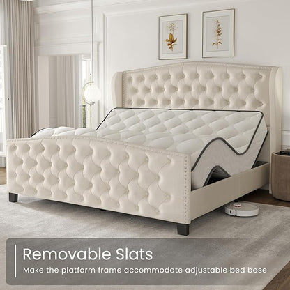 LARMACE Queen Size Bed Frame Velvet Upholstered Platform Bed with Wingback Headboard & Footbaord, Deep Button Tufted Bed Frame with Wood Slats Support, No Box Spring Needed, Beige
