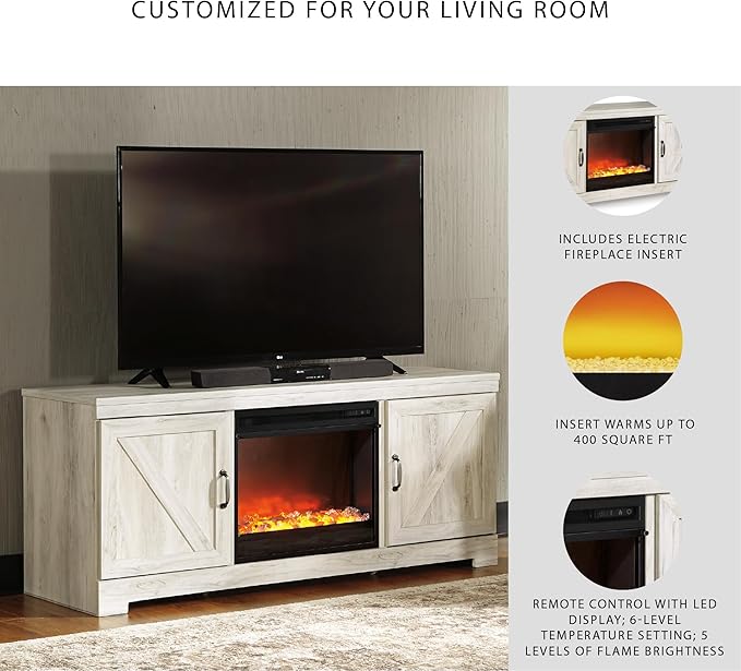 Signature Design by Ashley Bellaby Farmhouse 63" TV Stand with Fireplace for TVs up to 72", Whitewash