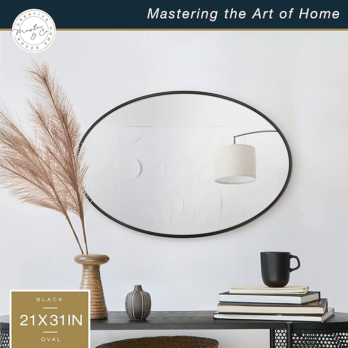 MCS Master & Co. Modern Metal Large Wall Mirror, Minimalist Home Decor Oval Mirror for Living Room, Bedroom, or Bathroom, 21 by 31 Inch, Black