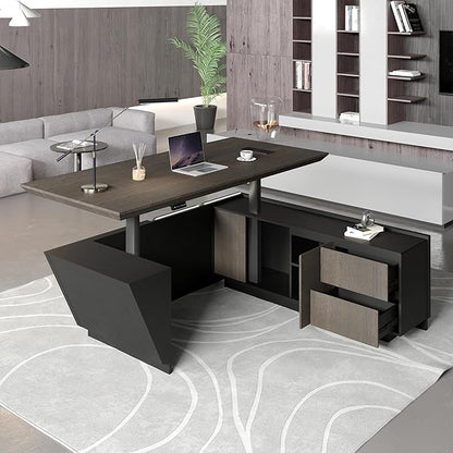 SAINTCY 78.7 Inch Adjustable Executive Desk - Luxury L Shaped Desk with Drawers, Large Table with File Cabinets, Executive Office Desks with LED Light Strip Home Office Desk for Professionals