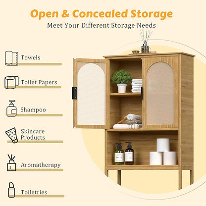 MUPATER 66.9'' Bamboo Over The Toilet Storage Cabinet, Bathroom Space Saver, U-Shaped Door with Rattan Surface, Over Toilet Bathroom Organizer with Open Storage Shelf, Natural