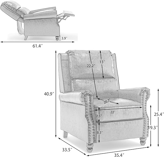 Pushback Recliner Chair, Faux Leather Wingback Recliner Chair, Upholstered Armchair Push Back Recliner with Wood Legs, Rivet Trim Single Sofa Accent Chair for Living Room, Bedroom, Navy