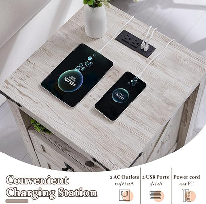 T4TREAM Farmhouse Nightstand Set of 2 with Charging Station, Rustic End Table with 2 Drawers, Storage Open Shelf for Bedroom, Living Room, Wood Side Table, Antique Brush White