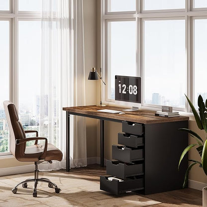 Tribesigns Modern Simple Computer Desk, 47 Inches PC Desk with 5 Reversible Drawers, Rustic Brown Study Writing Table Workstation for Home Office Small Spaces (Brown+Black)