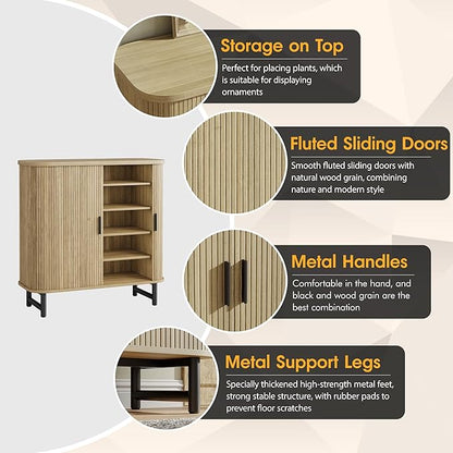 Maupvit Shoe Storage Cabinet with Smooth Fluted Sliding Doors, 5-Tier Shoe Cabinet Storage for Entryway, Narrow Hidden Shoe Rack for Front Door Entrance, Metal Handles and Legs, Natural