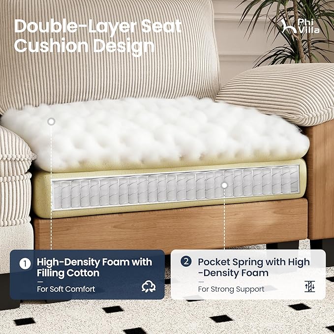 PHI VILLA Cloud Modular Couches Sets, 3 Pieces Sectional Sofa Set with Single Sofa, 5-Seater Upholstered Couch for Living Room Small Spaces, Chenille Corduroy Dual Fabric, Beige