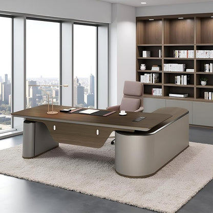 86.6" Reversible L-Shaped Adjustable Height Executive Desk with Oval Storage Cabinet - Black/Brown Standing Desk, Rounded Corners, 3 Drawers & 2 Door Compartments, Flexible Home & Office Workstation