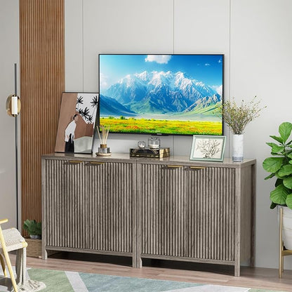 Sideboard Buffet Cabinet Set of 2, 31" Fluted Storage Cabinet with 2 Doors and Adjustable Shelves, Modern Sideboard Console Table for Living Room,Entryway,Dinning Room,Kitchen-Grey