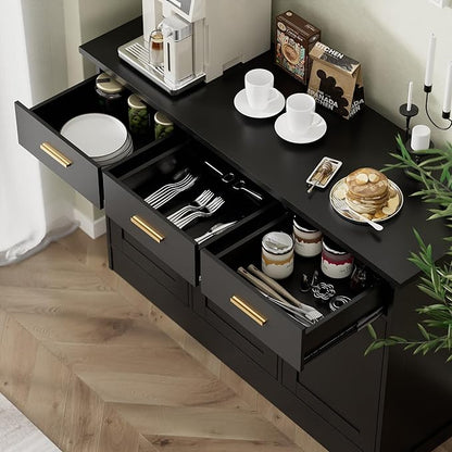 Buffet Cabinet with Storage - Buffets & Sideboards Kitchen Storage Cabinet, Wood Console Table Coffee Bar Accent Cabinets for Living Room Dining Room Entryway Large 3 Doors & Drawers, Black 47.2"W