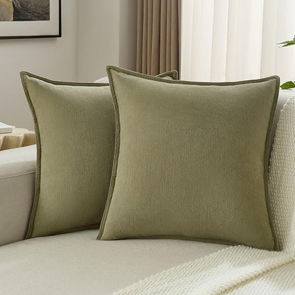 FUTEI Olive Green Chenille Throw Pillow Covers 18x18 Inch Set of 2,Edges Double-Stitched Cushion Cases,Modern Home Decor for Couch Living Room