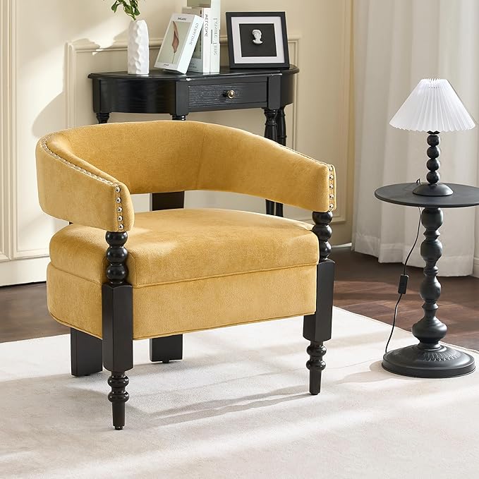 LOULENS Barrel Accent Chairs Set of 2, Vintage Chenille Upholstered Lounge Chair with Solid Wood Legs, Comfy Leisure Side Armchair for Living Room, Bedroom, Reading Nook, Corner, Yellow