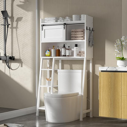 MU Over The Toilet Storage Cabinet with Sliding Door, 32.5" W Free Standing Toilet Shelf Space Saver with 3 Side Hooks & Anti-Tip Design, Space-Saving Toilet Rack for Bathroom, Laundry, White