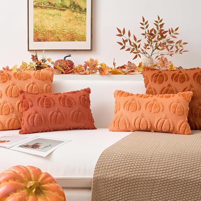 Kevin Textile Fall Pillow Covers 18x18 Inch Set of 2 Soft Pumpkins Decorative Square Pillowcases Plush Autumn Faux Fur Cushions Harvest Gift for Couch Sofa Chair Bedroom Home Decor, Rust