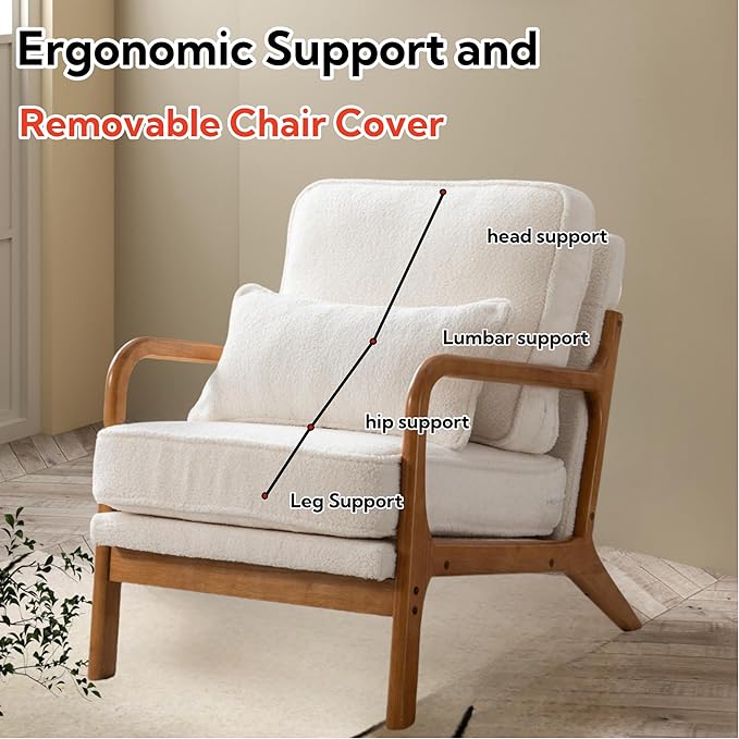 Mid-Century Accent Chair,Sherpa Fabric Lounge Chair with Wide Armrest,Sherpa Fabric Armchair with Lumbar Pillow & Solid Wood Frame for Living Room, Bedroom, Balcony(White)