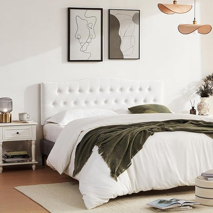 Tufted Upholstered Headboard Queen Size, Sturdy & Durable Solid Wood Bed headboard, Fabric Headboard Adjustable Height from 37” to 51”, Modern Button Diamond Design Head Board, White