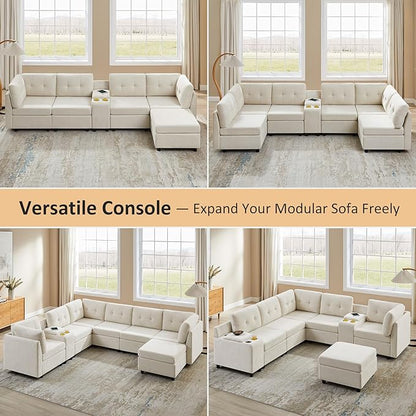 VANOMi 4 Seat Modular Sectional Sofa with 2 Ottomans, 118" Cloud Sofas & Couches, Comfy Chenille Sectional Couches for Living Room, Apartment, Office, Beige, U Shaped
