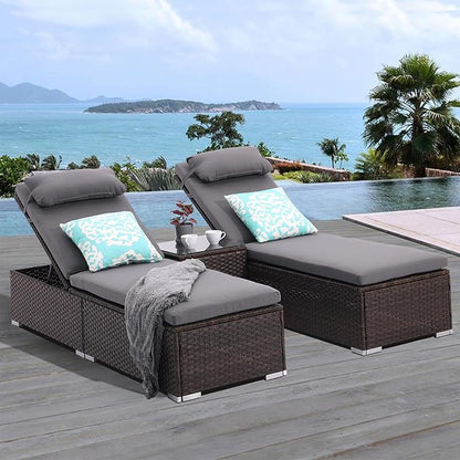 3 PCS Patio Chaise Lounge Outdoor Lounge Chair Patio Reclining Chair with Coffee Table Cushion&Pillow 5 Angle Adjustment Brown Rattan for Courtyards Poolside Garden
