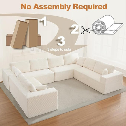 Modular Sectional Cloud Couch for Living Room,Modern Boneless Couche Set with Plush Corduroy,Comfy Floor Sofa with Memory Foam,Stupendous U Shaped Sofa,No Assembly Required,Beige
